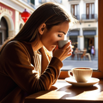 **"Woman thoughtfully sipping coffee at a sunlit cafe table, planner open, embodying a productive morning ritual in Madrid."** (This evokes the idea of optimizing coffee for concentration and productivity within a Spanish context)