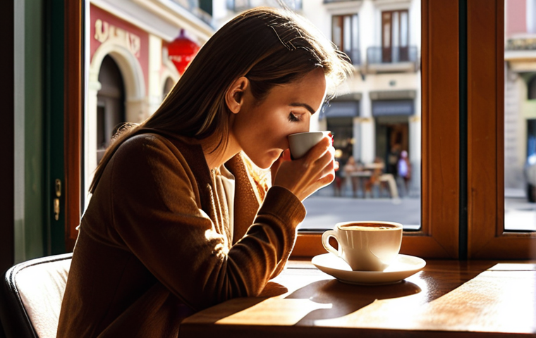 **"Woman thoughtfully sipping coffee at a sunlit cafe table, planner open, embodying a productive morning ritual in Madrid."** (This evokes the idea of optimizing coffee for concentration and productivity within a Spanish context)