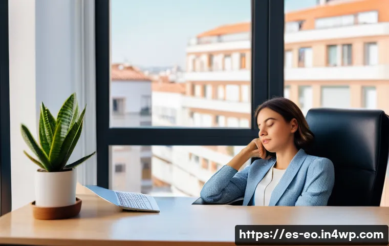 낮잠 후의 심리적 변화 - A serene afternoon office scene in Madrid, featuring a young professional woman taking a 20-minute p...