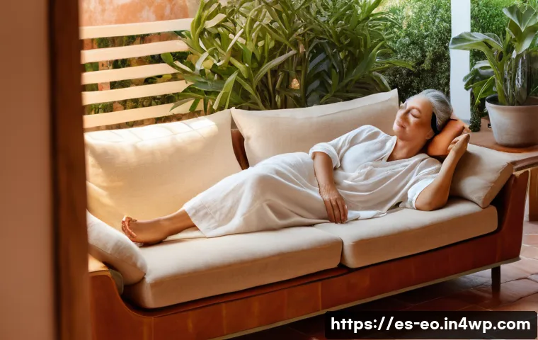 낮잠을 자는 이유와 그 효과 - A serene Mediterranean-style living room bathed in soft afternoon sunlight, featuring a middle-aged ...