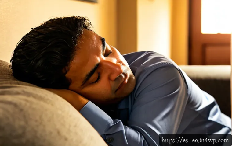 Home 17 낮잠의 부작용과 주의사항 - Photorealistic scene of a middle-aged Hispanic office worker waking groggily from a late-afternoon n...